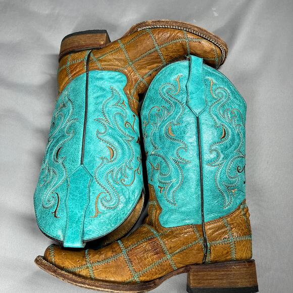 Vtg Circle G Boots Womens Sz 8.5M Western Square Toe Turquoise & Brown Cowgirl - Picture 9 of 16